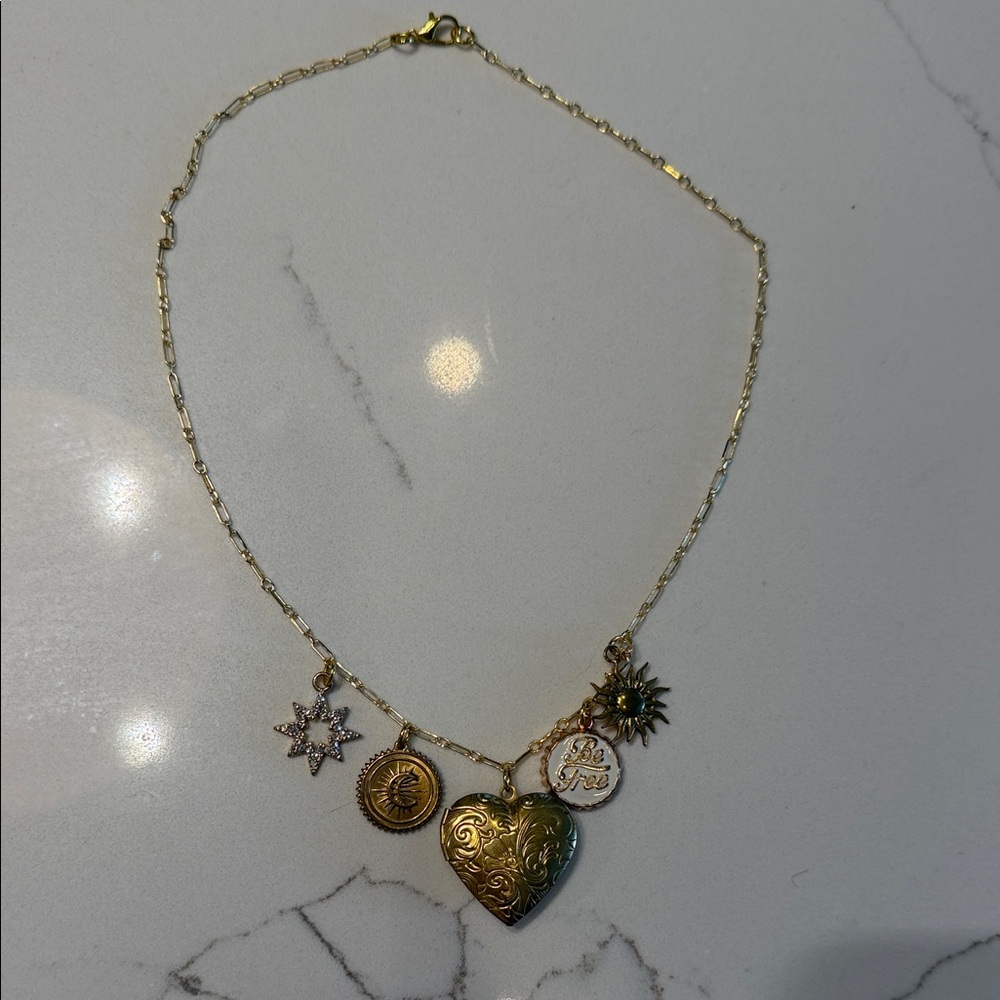 Gold Charm Necklace with Heart and Star Pendants
